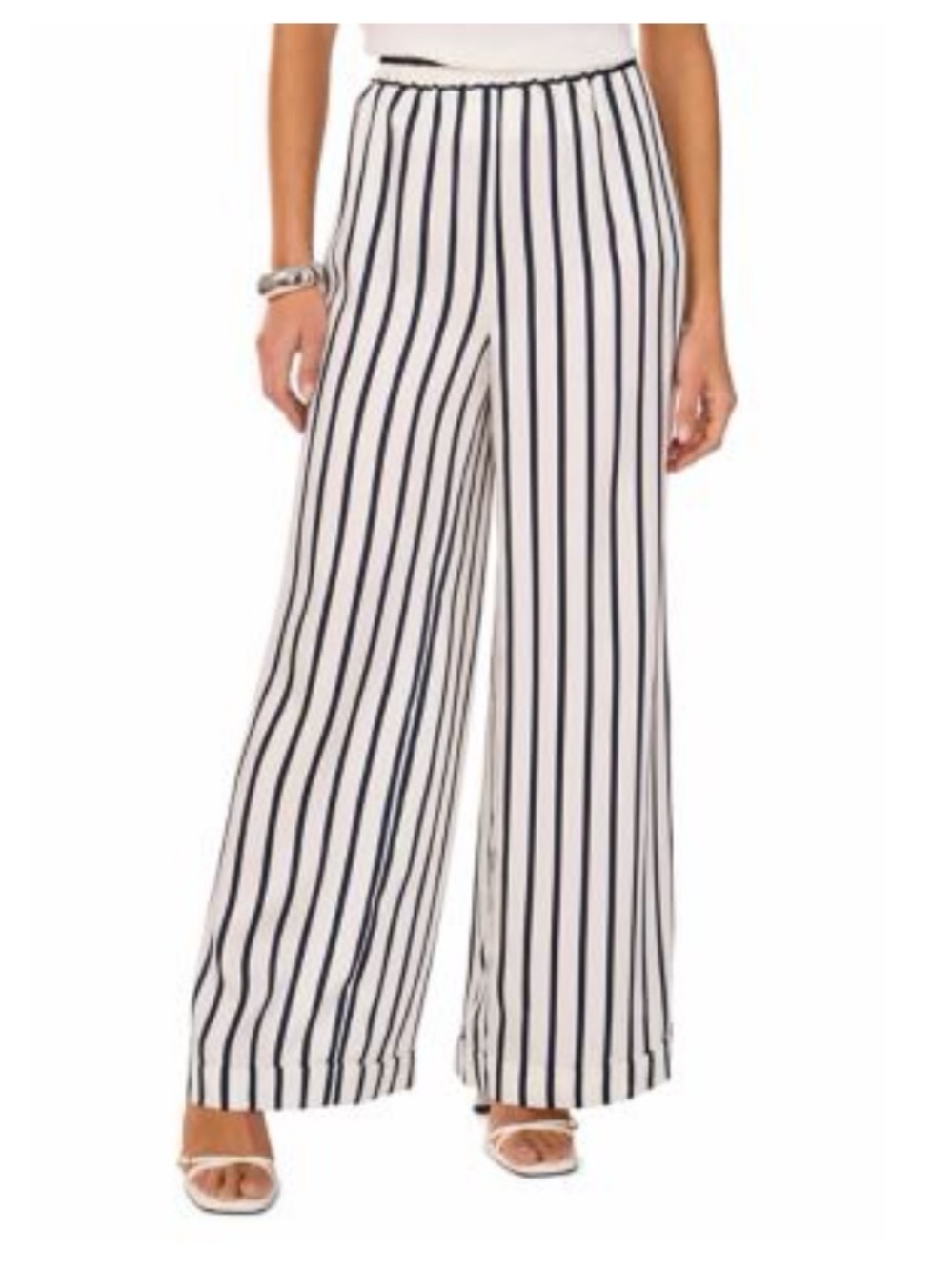 Vince Camuto Black and White Striped Elastic Waist Satin Pants